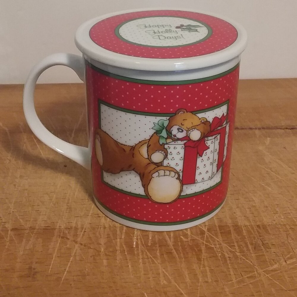 Bear Feet Family Teddy Bear Christmas lidded coffee mug Happy Holly Days 1985